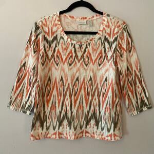 Chico's White Orange Abstract 3/4 Sleeve Blouse Cotton Women size 2 / Large / 12